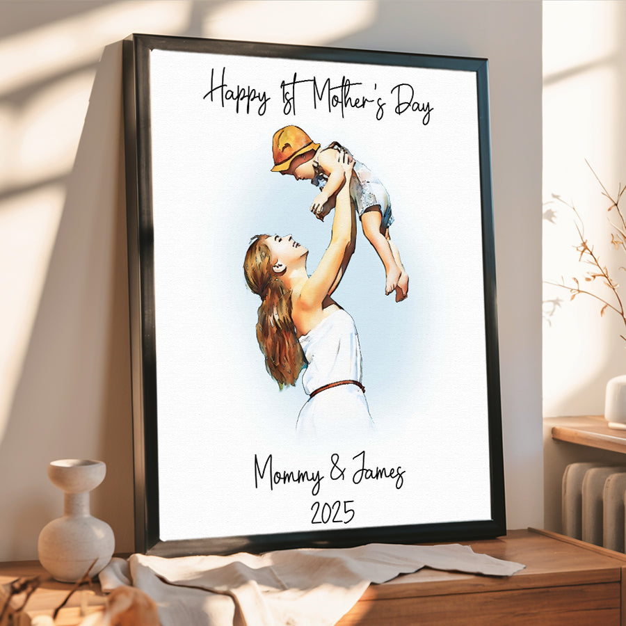 1st Mothers Day Gift | First Mothers Day Canvas | Watercolor Photo Canvas For 1St Mother'S Day
