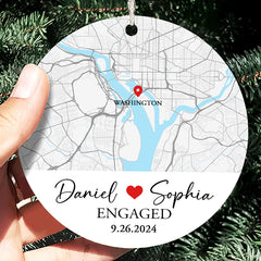 Engagement Xmas Ornaments | Custom Map Ceramic Ornament For Couples | Circle Ceramic Ornament