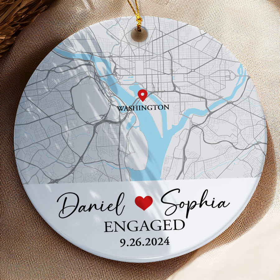 Engagement Christmas Ornaments | Custom Map Ceramic Ornament For Couples | Circle Ceramic Ornament