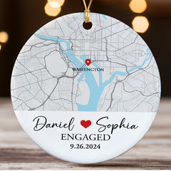 Engagement Xmas Ornaments | Custom Map Ceramic Ornament For Couples | Circle Ceramic Ornament
