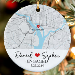 Engaged Ornament | Custom Map Ceramic Ornament For Couples | Circle Ceramic Ornament