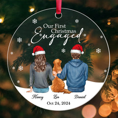Engaged Ornament | Custom Acrylic Ornament For Couple With Dog | Circle Shape