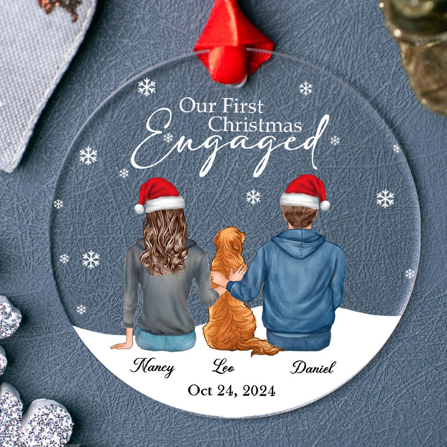 Engaged Ornament | Custom Acrylic Ornament For Couple With Dog | Circle Shape