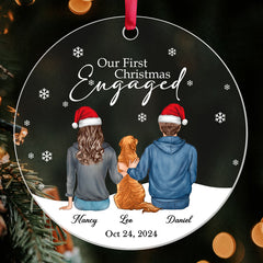 Engaged Ornament | Custom Acrylic Ornament For Couple With Dog | Circle Shape