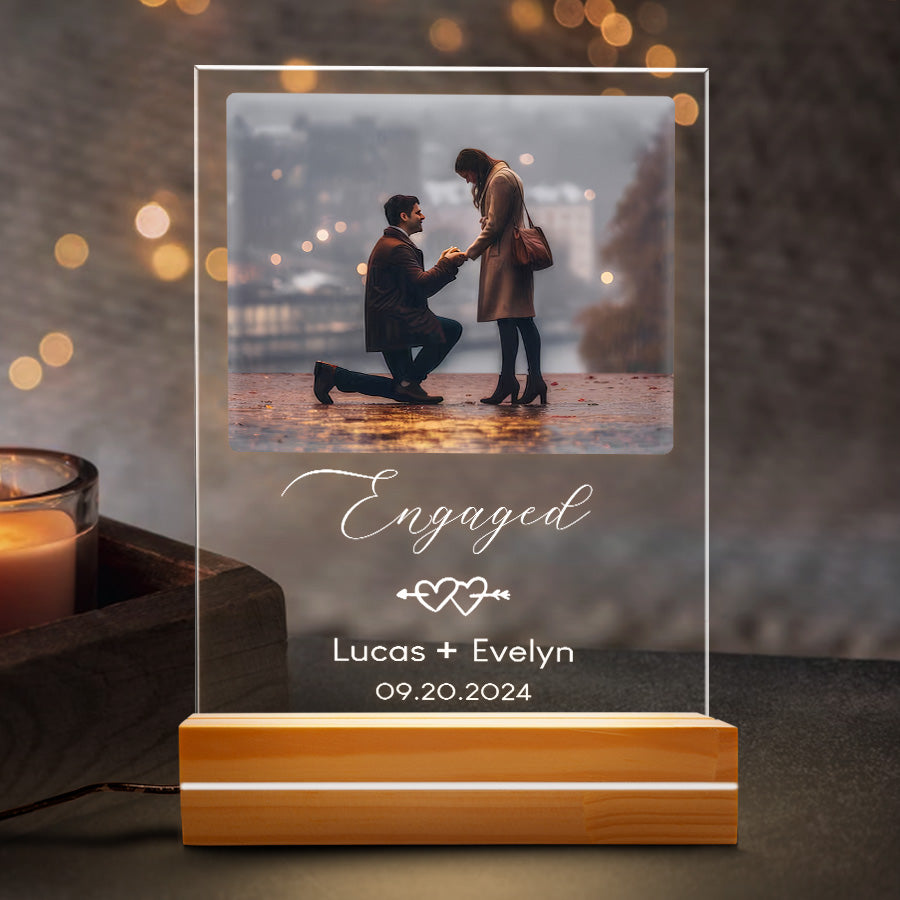 Engagement Gifts for Couples | Personalised Photo Acrylic Plaque LED Night Light | 6 x 9 in