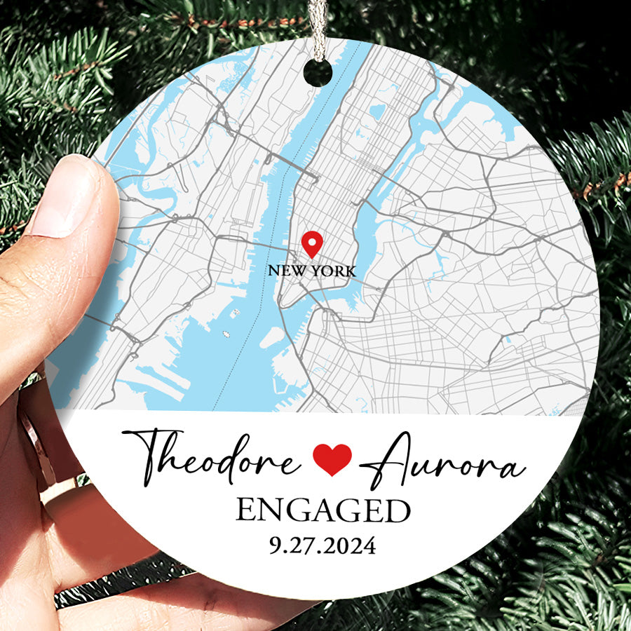 Engaged Ornament | Custom Map Ceramic Ornament For Couples | Circle Ornament