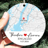 Engaged Ornament | Custom Map Ceramic Ornament For Couples | Circle Ornament