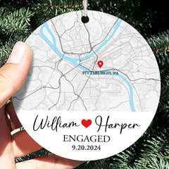 Engagement Christmas Ornaments | Engaged Ceramic Ornament With Custom Map | Circle Ceramic Ornament