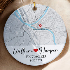 Engagement Christmas Ornaments | Engaged Ceramic Ornament With Custom Map | Circle Ceramic Ornament