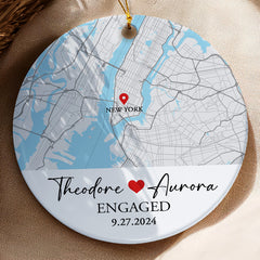 Engagement Christmas Ornaments | Custom Map Ceramic Ornament For Couples | Circle Ornament