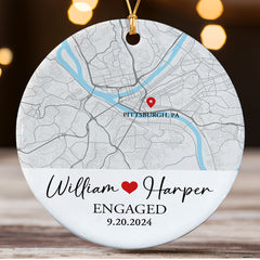 Engagement Christmas Ornaments | Engaged Ceramic Ornament With Custom Map | Circle Ceramic Ornament