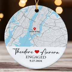Engagement Christmas Ornaments | Custom Map Ceramic Ornament For Couples | Circle Ornament