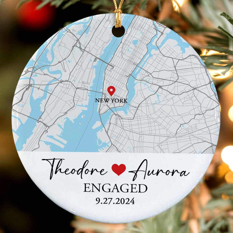 Engagement Xmas Ornaments | Custom Map Ceramic Ornament For Couples | Circle Ornament