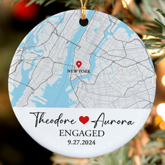 Engagement Xmas Ornaments | Custom Map Ceramic Ornament For Couples | Circle Ornament