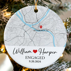 Engaged Ornament | Engaged Ceramic Ornament With Custom Map | Circle Ceramic Ornament