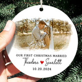 First Xmas Married Ornament | Married Ceramic Ornament With Custom Photo For Couple | Circle Shape