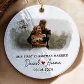 First Xmas Married Ornament | Married Ceramic Ornament With Custom Photo And Name | Circle Shape