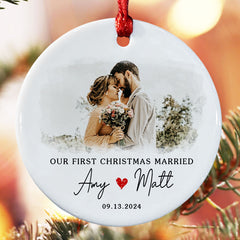 Just Married Ornament | Wedding Ceramic Ornament With Custom Photo | Circle Shape