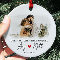 Just Married Ornament | Wedding Ceramic Ornament With Custom Photo | Circle Shape