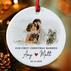 Just Married Ornament | Wedding Ceramic Ornament With Custom Photo | Circle Shape