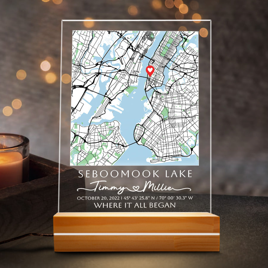 First Valentine Gift for Boyfriend Personalized | Custom Map Acrylic Plaque Led Night Light
