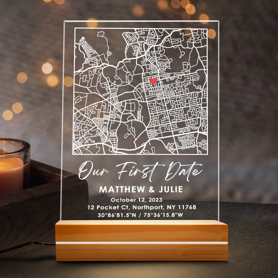 Personalised Boyfriend Valentines Gifts | Our First Date Custom Map Led Night Light