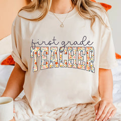 Floral First Grade Teacher Shirt in Comfort Colors