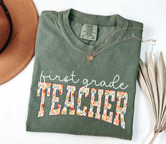 Floral First Grade Teacher Shirt in Comfort Colors