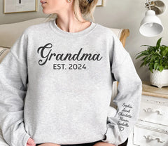 Personalized Grandma Sweatshirt, Grandkids Name On Sleeve