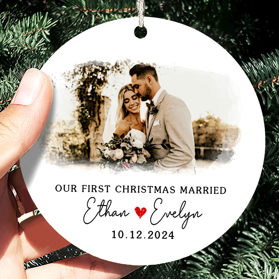 1st Christmas Married Ornament | Married Ceramic Ornament With Custom Name And Date | Circle Shape