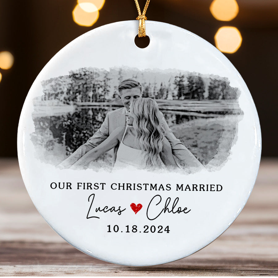 1st Christmas Married Ornament | Wedding Ceramic Ornament With Custom Date | Circle Shape