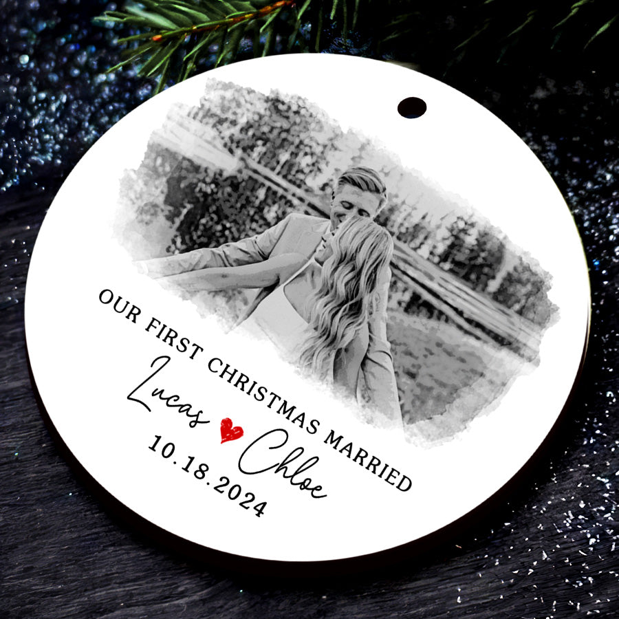 1st Christmas Married Ornament | Wedding Ceramic Ornament With Custom Photo | Circle Shape