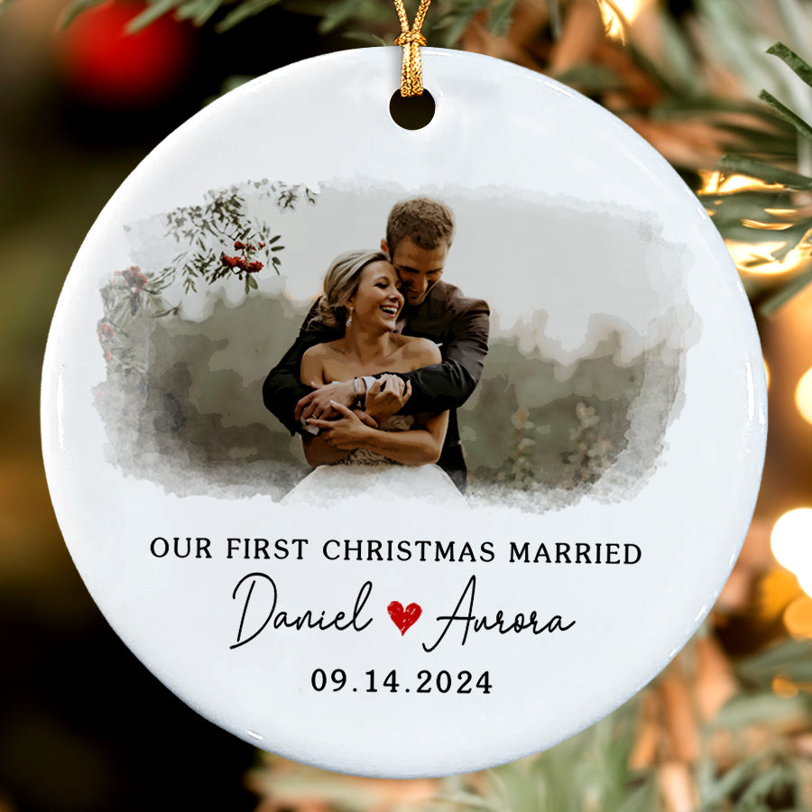 1st Christmas Married Ornament | Married Ceramic Ornament With Custom Photo | Circle Shape
