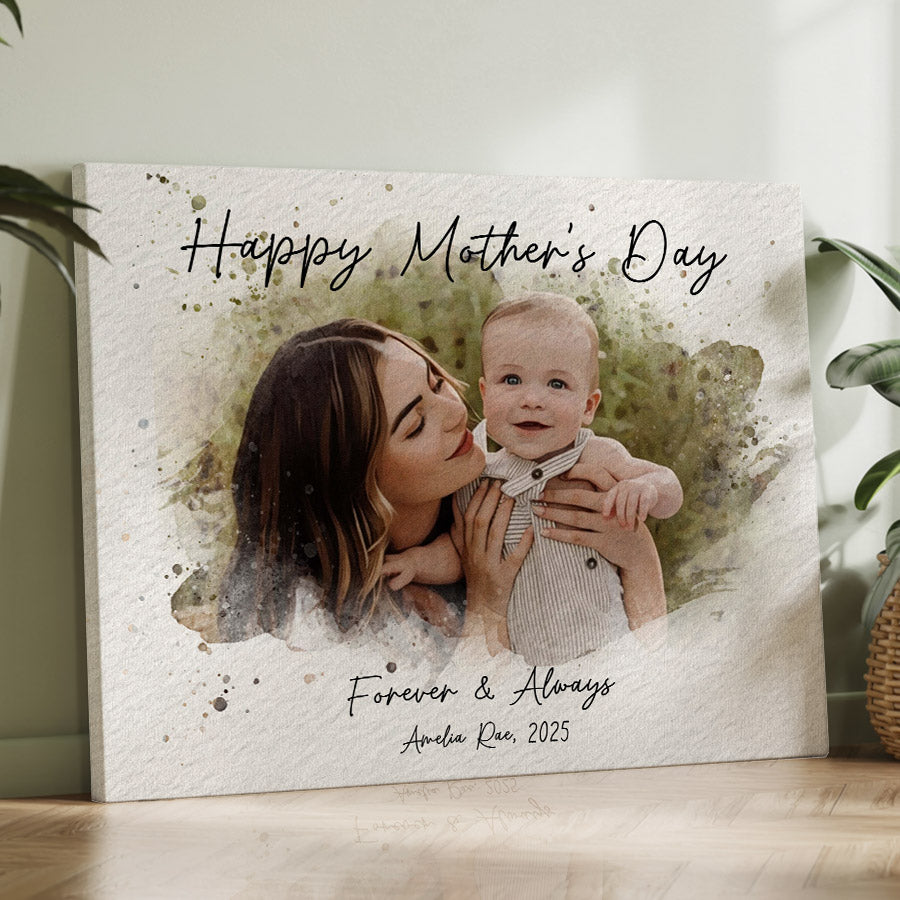 1st Mothers Day Gift | First Mothers Day Canvas | Personalized Watercolor Portrait Gift For New Mom