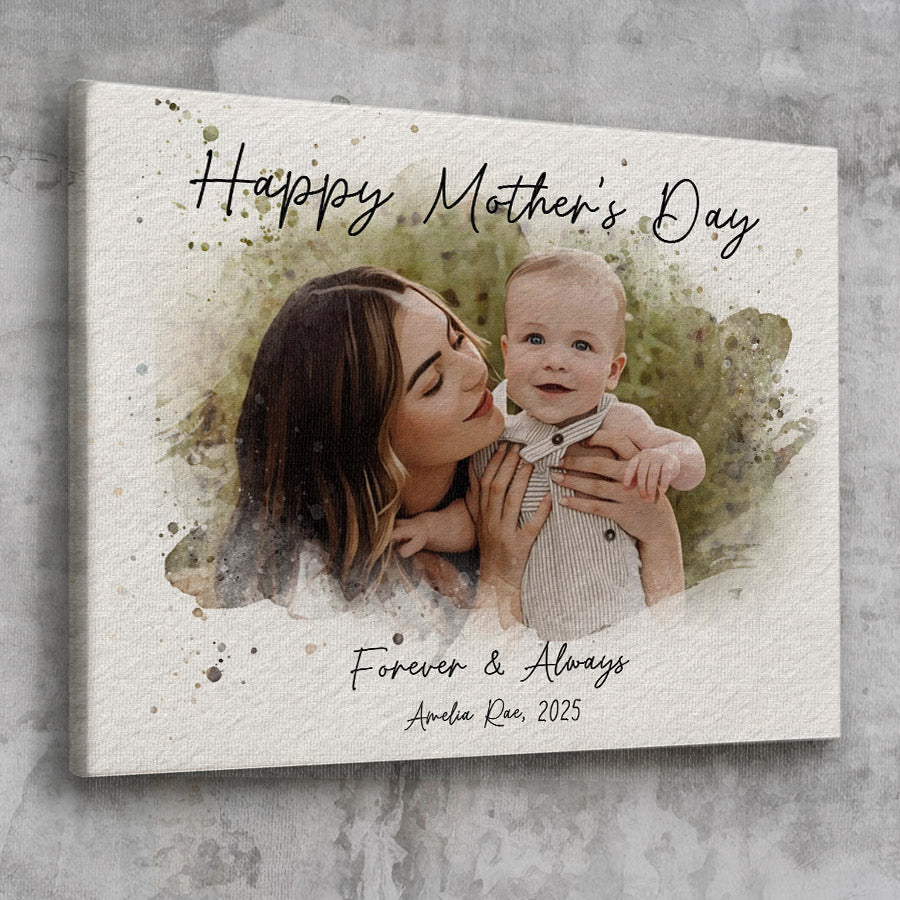 1st Mothers Day Gift | First Mothers Day Canvas | Personalized Watercolor Portrait Gift For New Mom