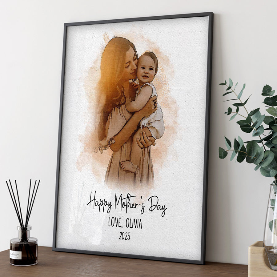 1st Mothers Day Gift | Personalized Watercolor Portrait Gift For New Mom