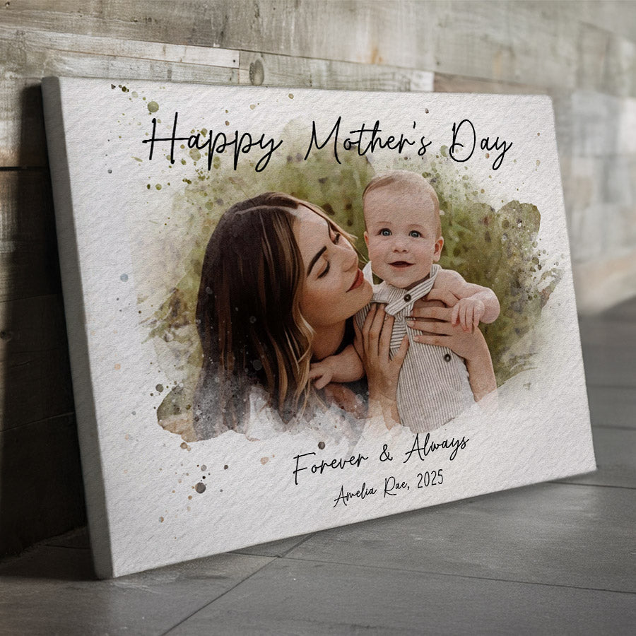 1st Mothers Day Gift | First Mothers Day Canvas | Personalized Watercolor Portrait Gift For New Mom