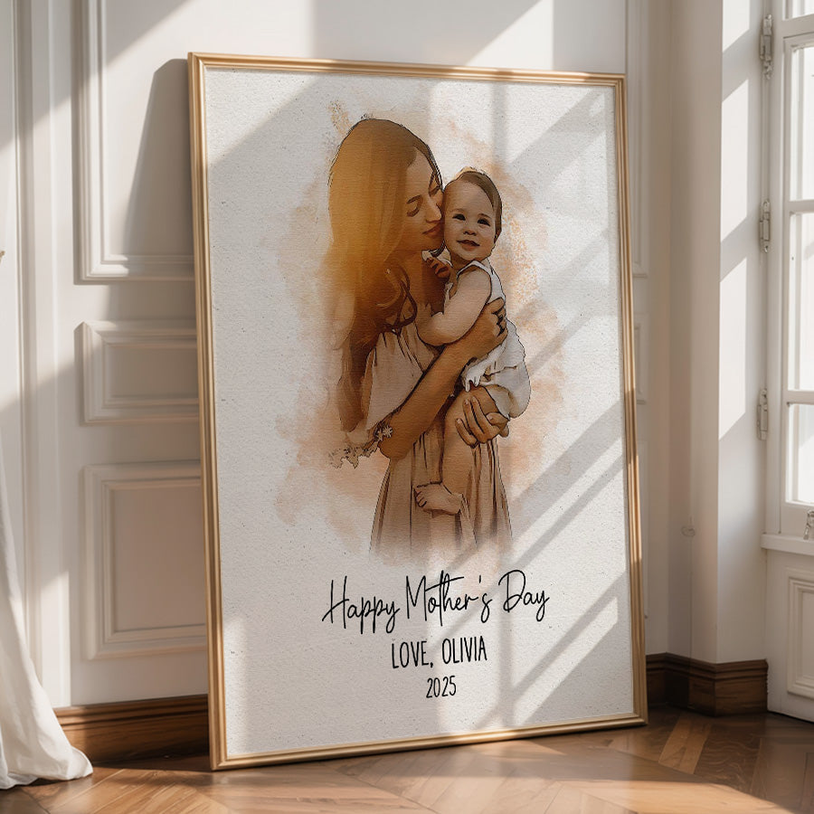 1st Mothers Day Gift | Personalized Watercolor Portrait Gift For New Mom
