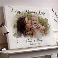 1st Mothers Day Gift | First Mothers Day Canvas | Personalized Watercolor Portrait Gift For New Mom