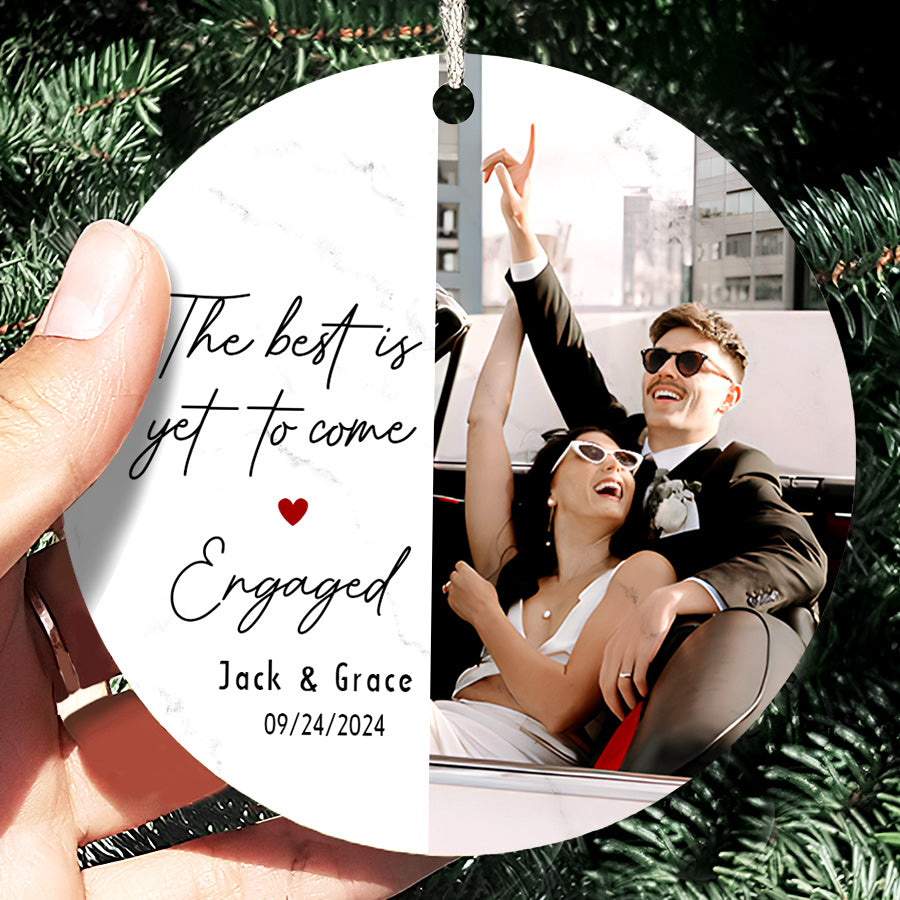 Engagement Christmas Ornaments | Engaged Ceramic Ornament With Photo | Circle Ceramic Ornament