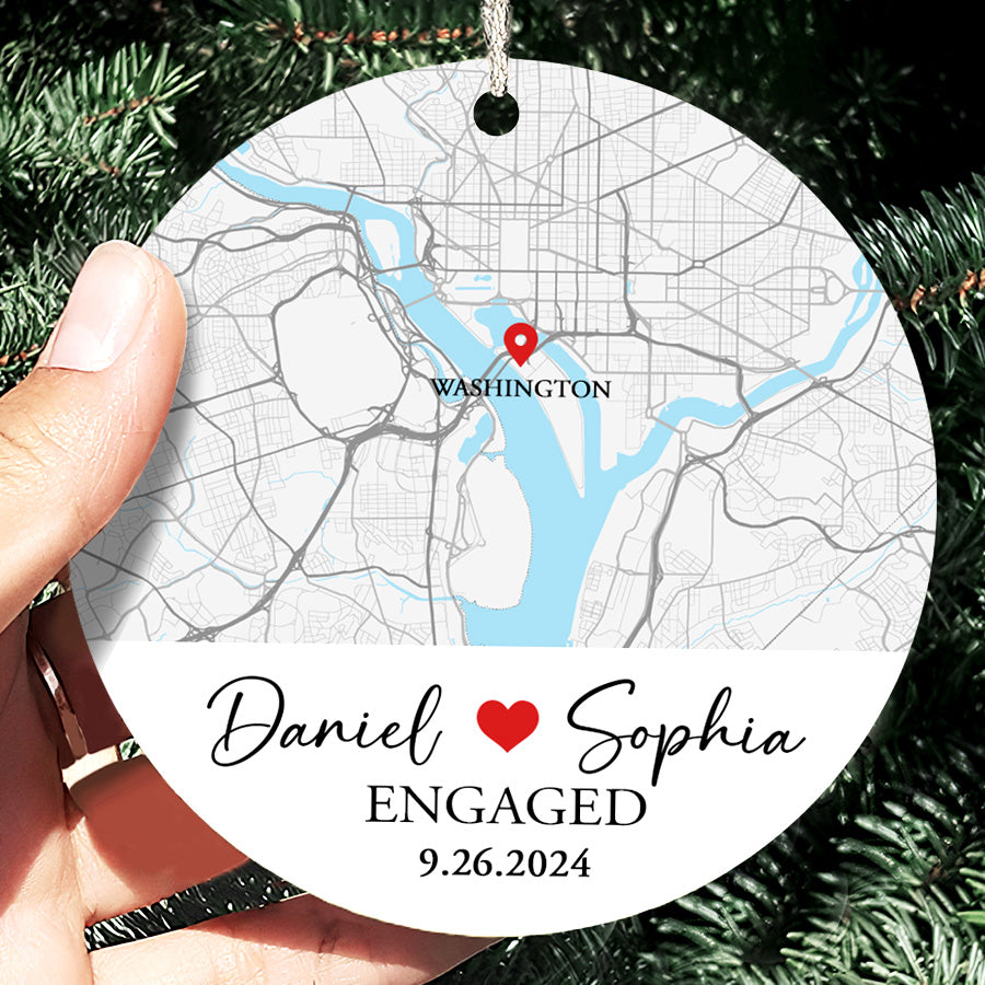 Engagement Xmas Ornaments | Custom Map Ceramic Ornament For Couples | Circle Ceramic Ornament