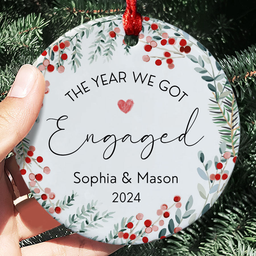 Engaged Ornament | Custom Name Ceramic Ornament For Couple | Circle Shape