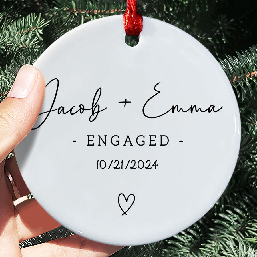 Engaged Ornament | Custom Ceramic Ornament For Couple | Circle Shape