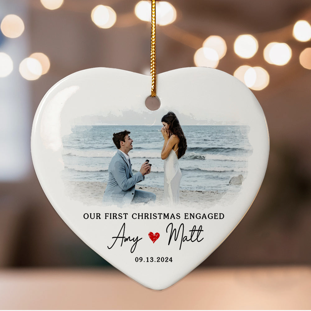Engaged Ornament | Custom Name Engaged Ceramic Ornament For Couple | Heart Shape
