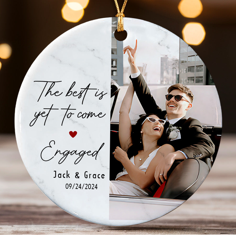Engagement Christmas Ornaments | Engaged Ceramic Ornament With Photo | Circle Ceramic Ornament