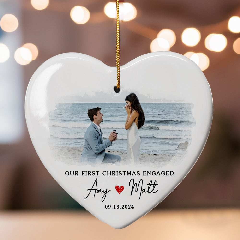 Engaged Ornament | Custom Name Engaged Ceramic Ornament For Couple | Heart Shape
