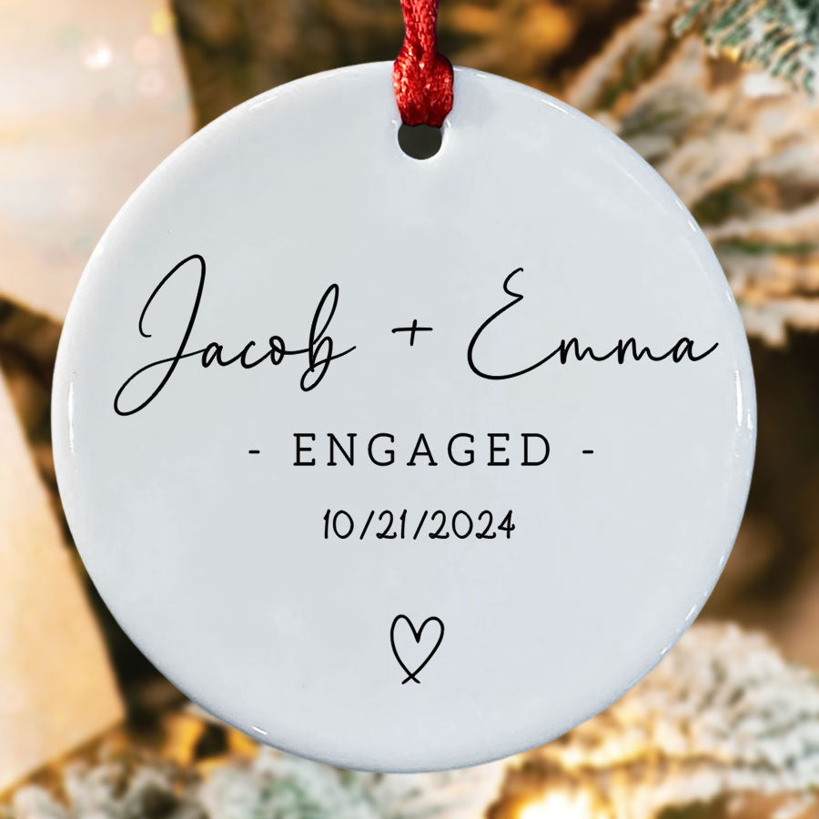 Engaged Ornament | Custom Ceramic Ornament For Couple | Circle Shape