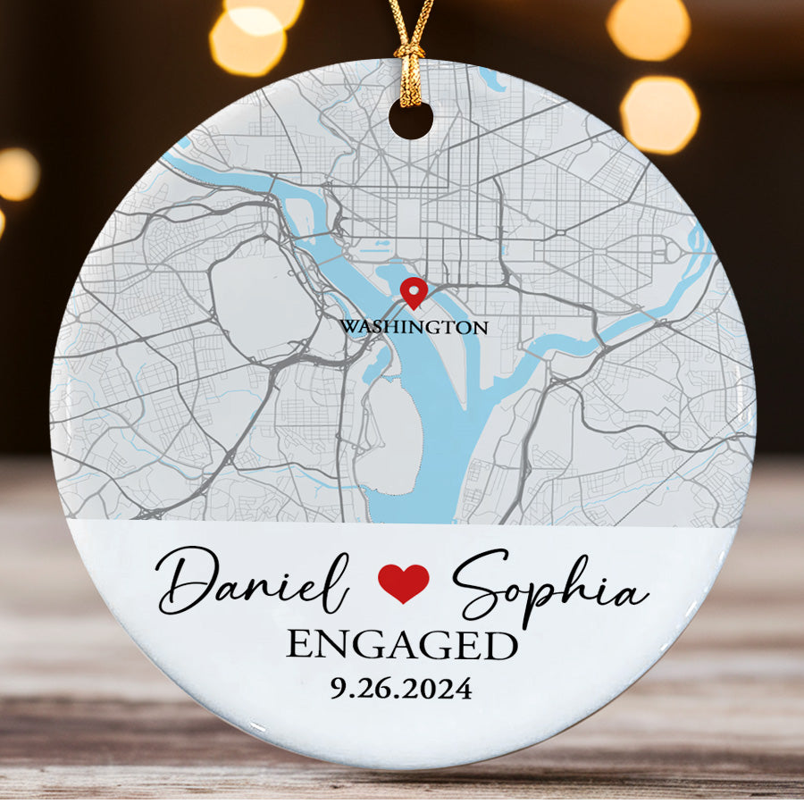 Engagement Xmas Ornaments | Custom Map Ceramic Ornament For Couples | Circle Ceramic Ornament