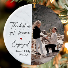 Engaged Ornament | Custom Photo Ceramic Ornament For Couples | Circle Ceramic Ornament