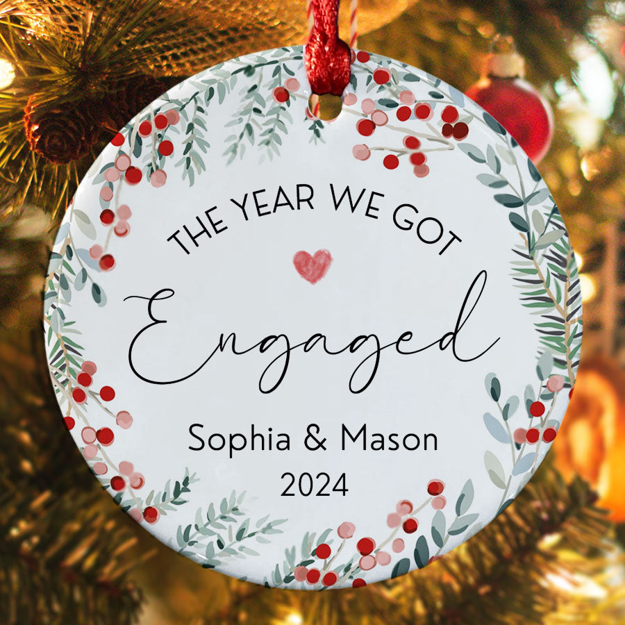 Engaged Ornament | Custom Name Ceramic Ornament For Couple | Circle Shape